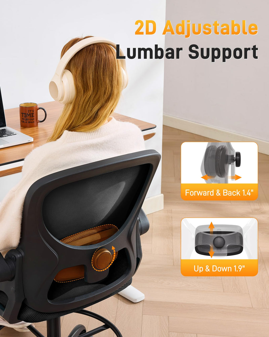 Lukkdys Drafting Chair with Arms, Tall Office Chair for Standing Desks, 19.7"-27.6", Black