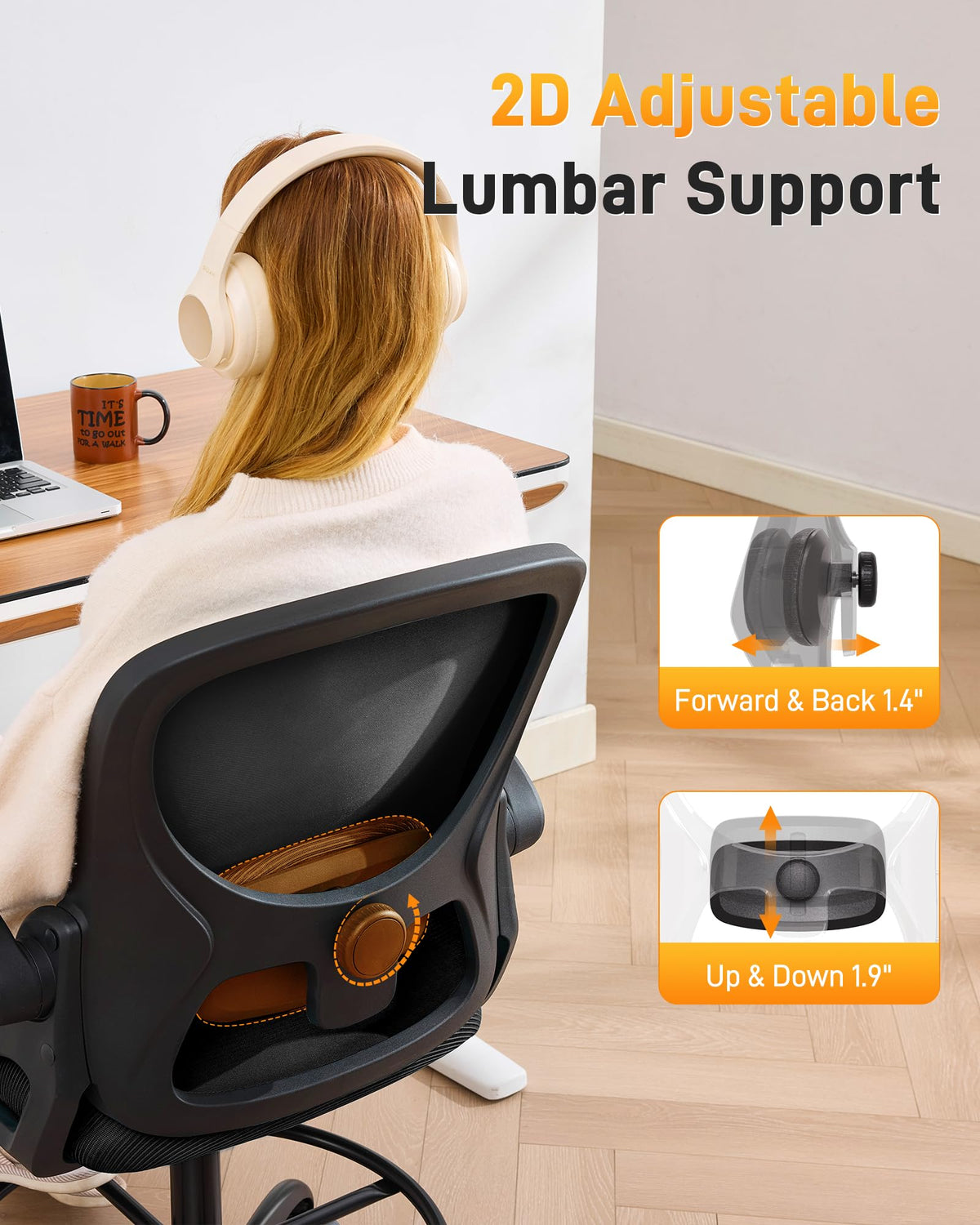 Lukkdys Drafting Chair with Arms, Tall Office Chair for Standing Desks, 19.7"-27.6", Black