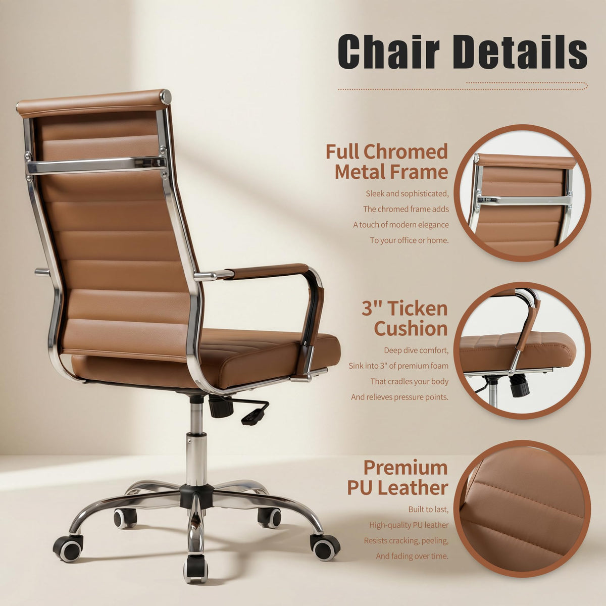 Okeysen Ergonomic Office Desk Chair, Ribbed Leather Modern Conference Room Chairs, Executive Adjustable Swivel Rolling Chair for Home & Office.