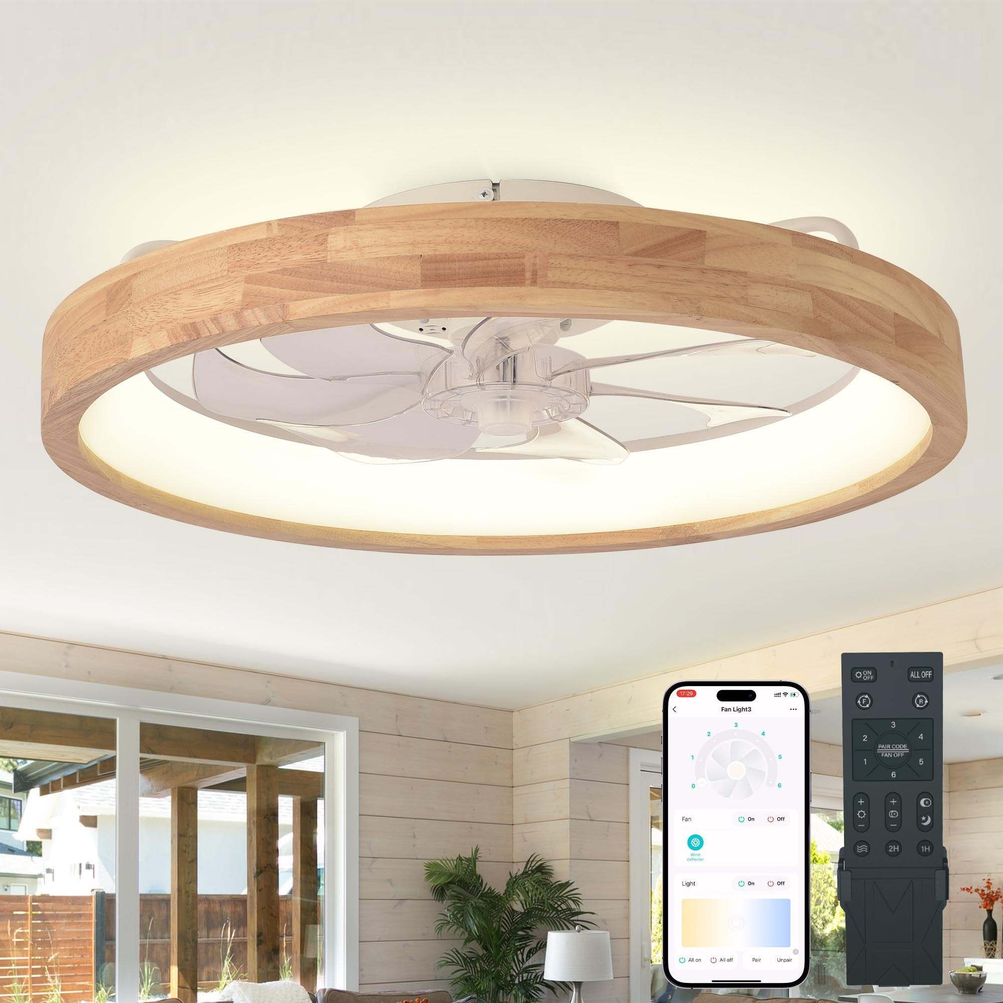 24” Low Profile Ceiling Fan with Light,3 Color Dimmable LED,6 Speeds,Reversible Motor,Wooden Flush Mount Ceiling Fans with Lights and Remote for Bedroom/Kidsroom/Dinng Room