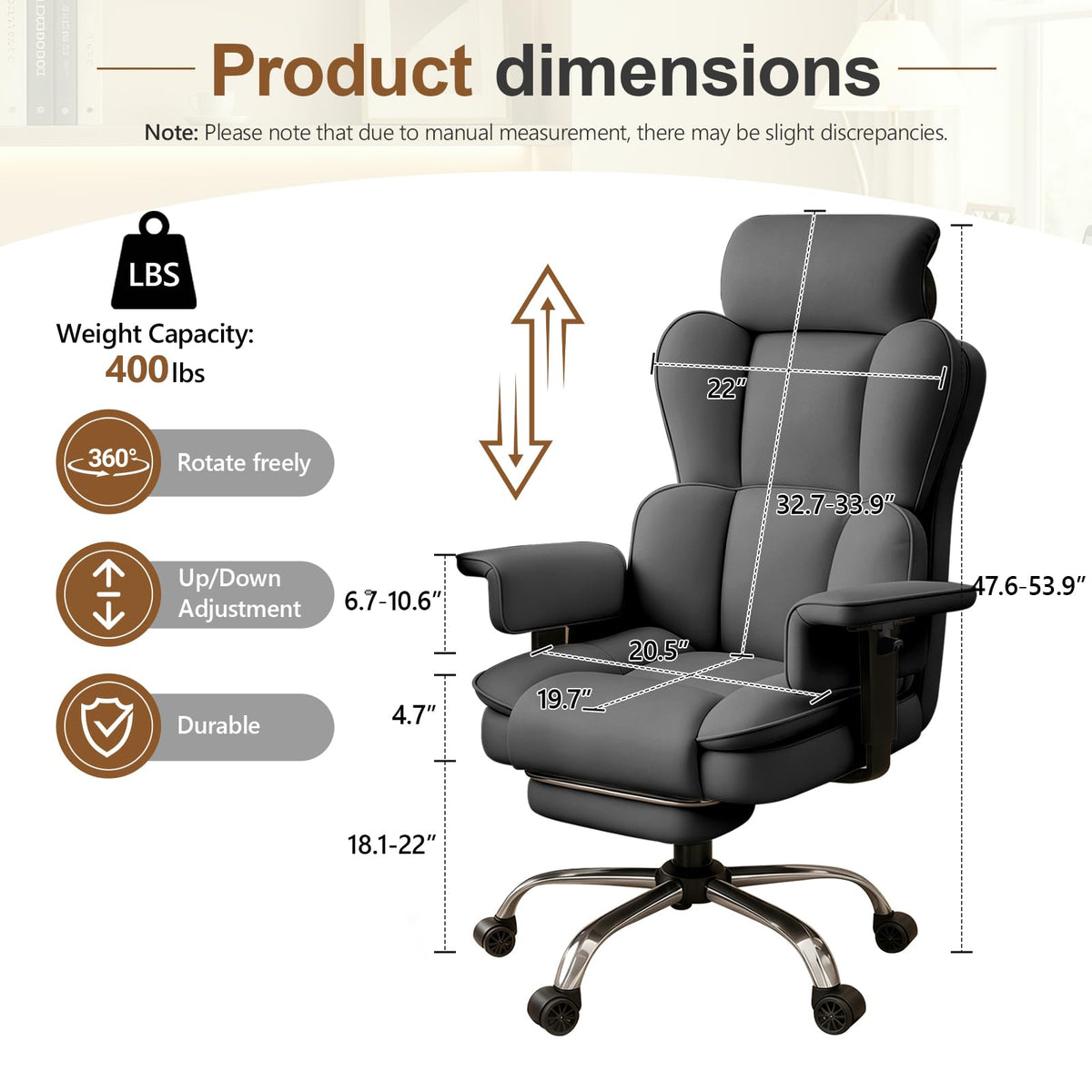 Xuegw Big and Tall Office Chair, Heavy Duty Executive Office Desk Chair Adjustable Armrests and Footrest, Pu Leather Computer Chair for Work