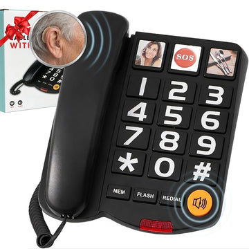 Amplified (110dB) Landline Phone for Seniors & Hearing Impaired - Hearing Aid Compatible, Large Button Corded Phone with 3 Photo Speed Dial, Speakerphone - Black
