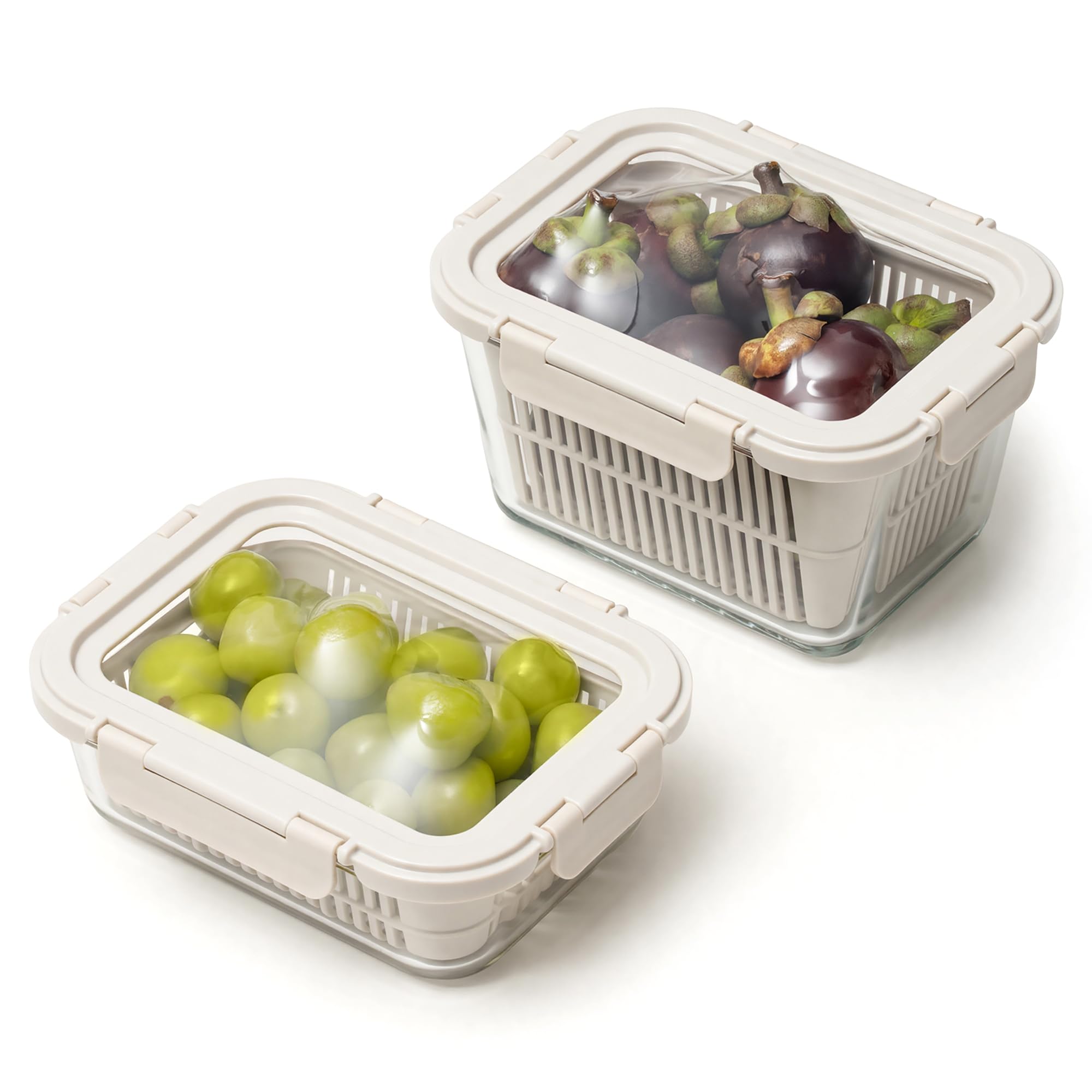 Glass Produce Storage Containers for Fridge, 2-Pack – Airtight Fruit & Vegetable Containers with Removable Colanders, Flexible Silicone Lids,LeakProof, BPA-Free Borosilicate Glass
