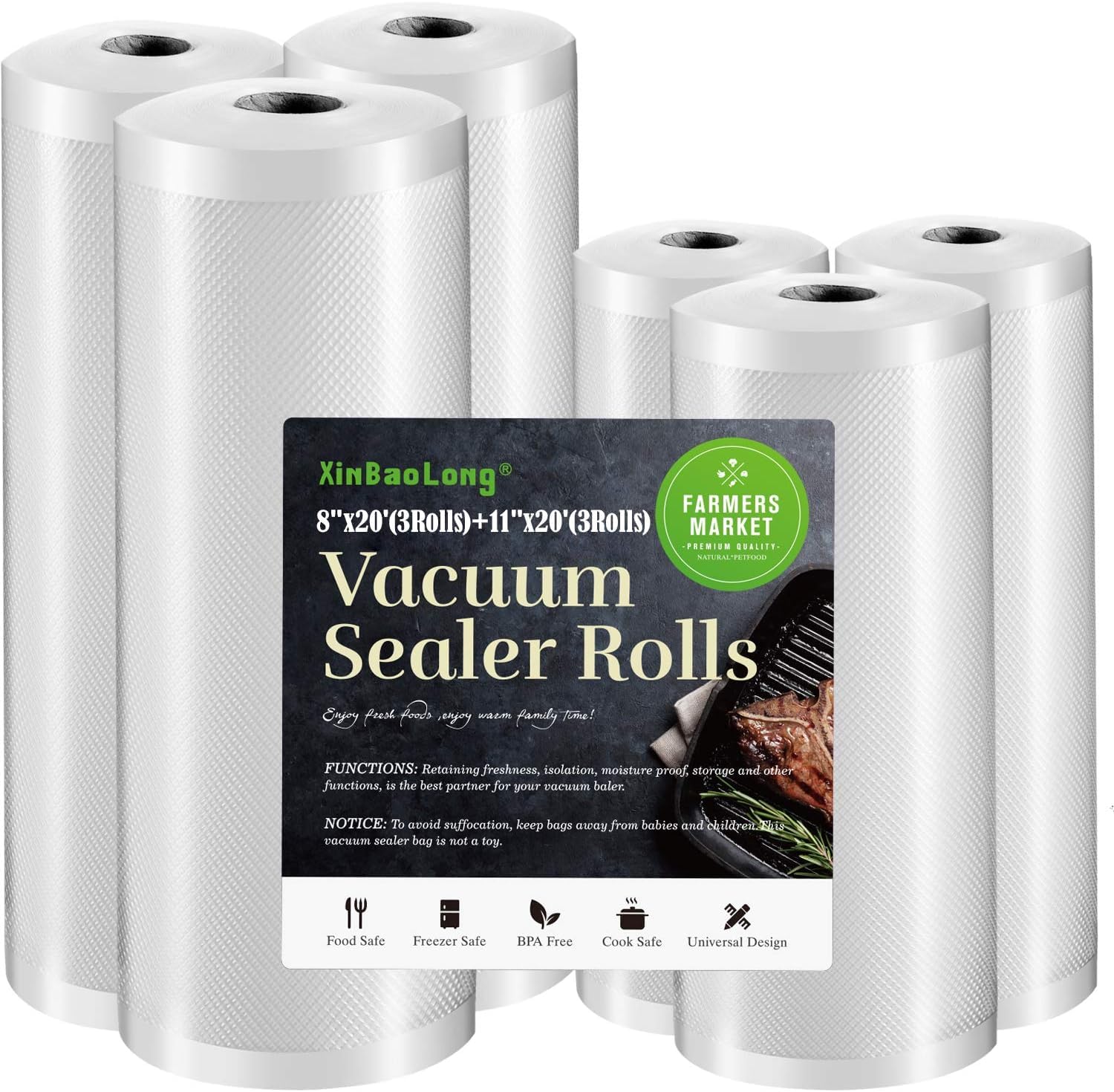 Vacuum Sealer Bags For Food: 6 Pack 3 Rolls 11" x 20' + 3 Rolls 8" x 20'-Commercial Grade BPA Free Bag Rolls- Freezer Bags Durable Cut-to-Length Food Vac Bags for Sous Vide Cooking Puncture Prevention