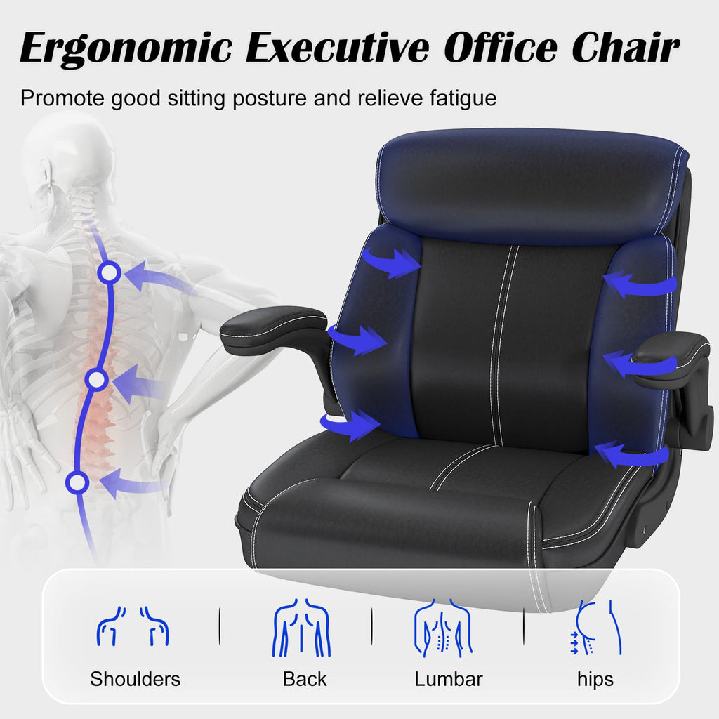 Keratee Executive Leather Office Chair, Ergonomic Home Office Desk Chair with Flip-up Armrests, Adjustable Height, Mid-back with Rocking