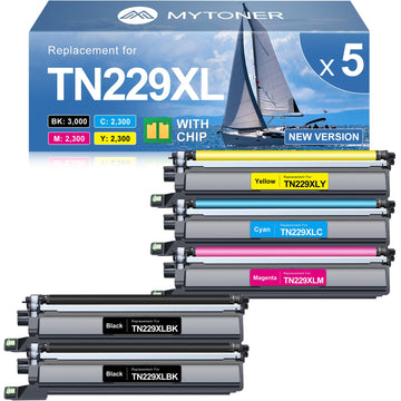 MYTONER TN229XL TN229 Toner Cartridges 5 Pack Compatible Replacement for Brother TN-229 TN-229XL for MFC-L3780CDW MFC-L3720CDW HL-L3280CDW HL-L3220CDW HL-L3300CDW Printer (TN-229XLBK/C/M/Y High Yield)