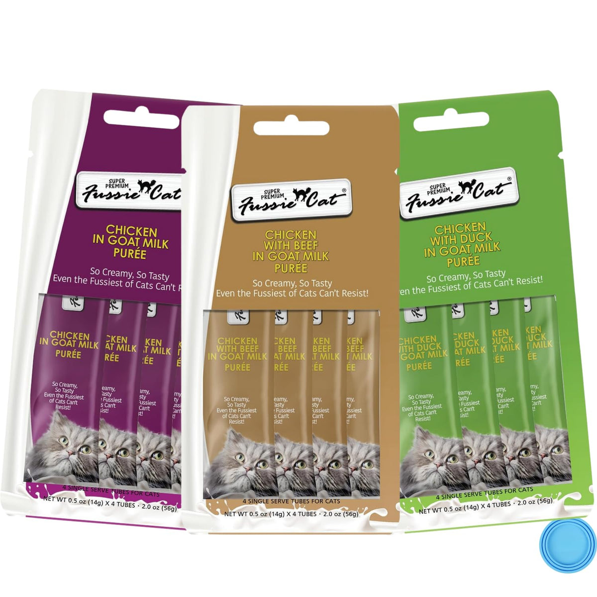 Fussie Cat Premium Puree Lickable Cat Treats in Goat Milk, Chicken Variety Pack, 3 Packs of 4-0.5oz Tubes (12 Total Tubes) + Lid