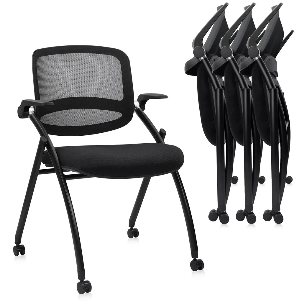 Clatina Stackable & Foldable Conference Chair with Wheels, Ergonomic Mesh Back, 300lbs Capacity, Breathable Padded Seat, Adjustable Armrests,