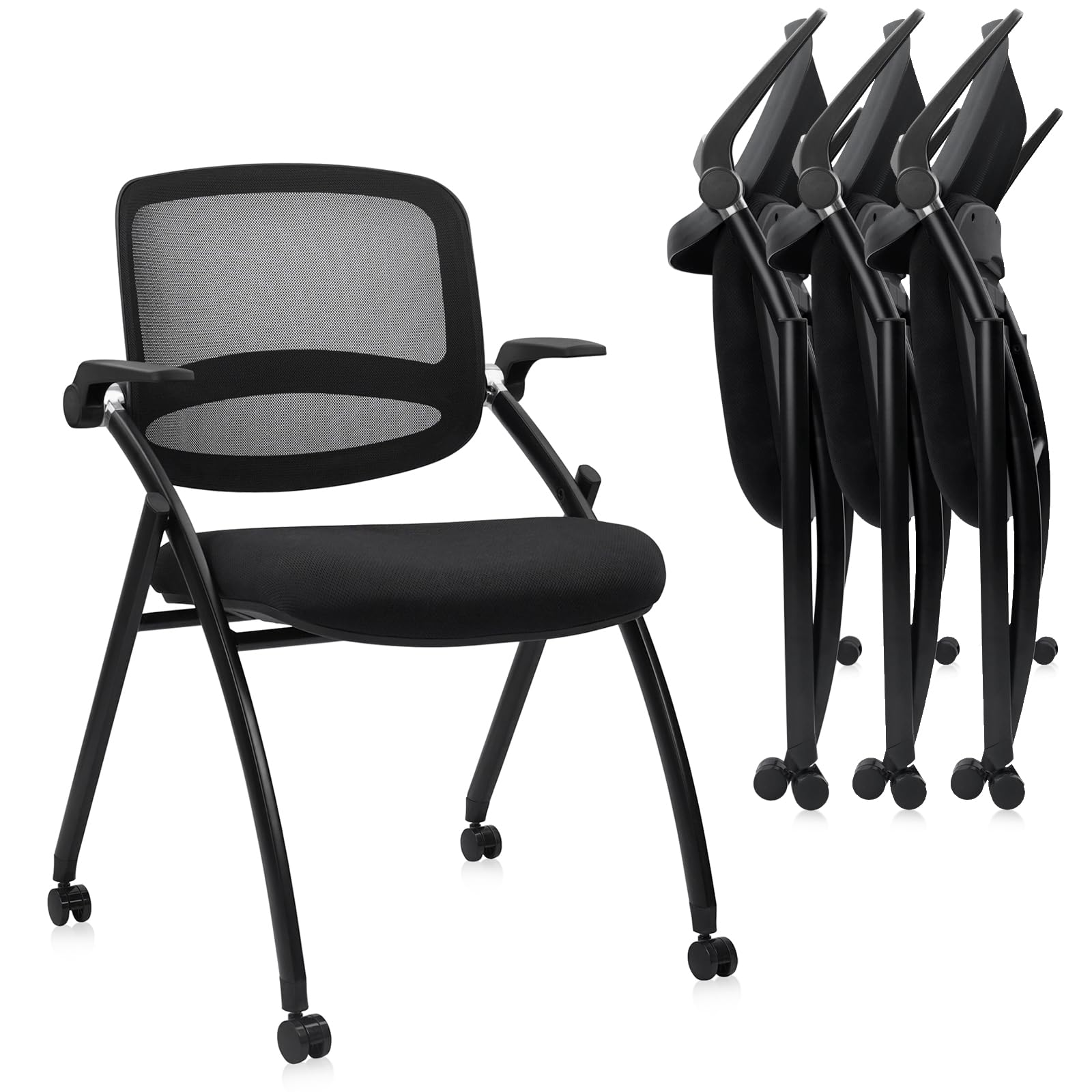 Clatina Stackable & Foldable Conference Chair with Wheels, Ergonomic Mesh Back, 300lbs Capacity, Breathable Padded Seat, Adjustable Armrests,