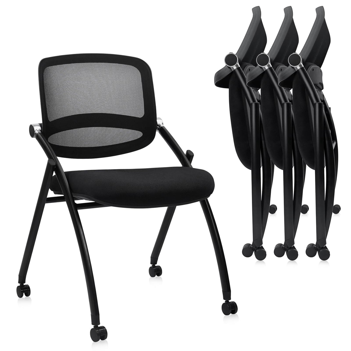 Clatina Stackable & Foldable Conference Chair with Wheels, Ergonomic Mesh Back,300lbs Capacity, Breathable Padded Seat, Armless Office Chair