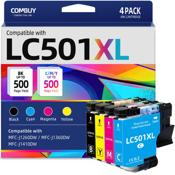 COMBUY LC501XL LC501 Ink Cartridges High Yield Compatible for Brother LC501 LC 501 LC501XL LC 501XL Ink Cartridges Work with Brother MFCJ1360dw MFC-J1360DW MFC-J1410DW MFC-J1260W Printer (4 Packs)