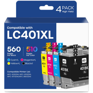 LC401XL Ink Cartridge Replacement for Brother MFC-J1010DW (4 Pack,BK/C/M/Y) | LC401XL high yield ink 4-pack (black, cyan, magenta, yellow). Compatible with MFC-J1010DW, MFC-J1012DW, MFC-J1170DW