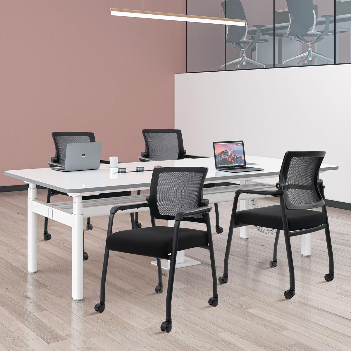 Klasika Waiting Room Chairs with Wheels, Adjustable Mesh Backrest, Desk Chair with Ergonomic Lumbar Support and Thickened Seats Cushion, 4 Pack