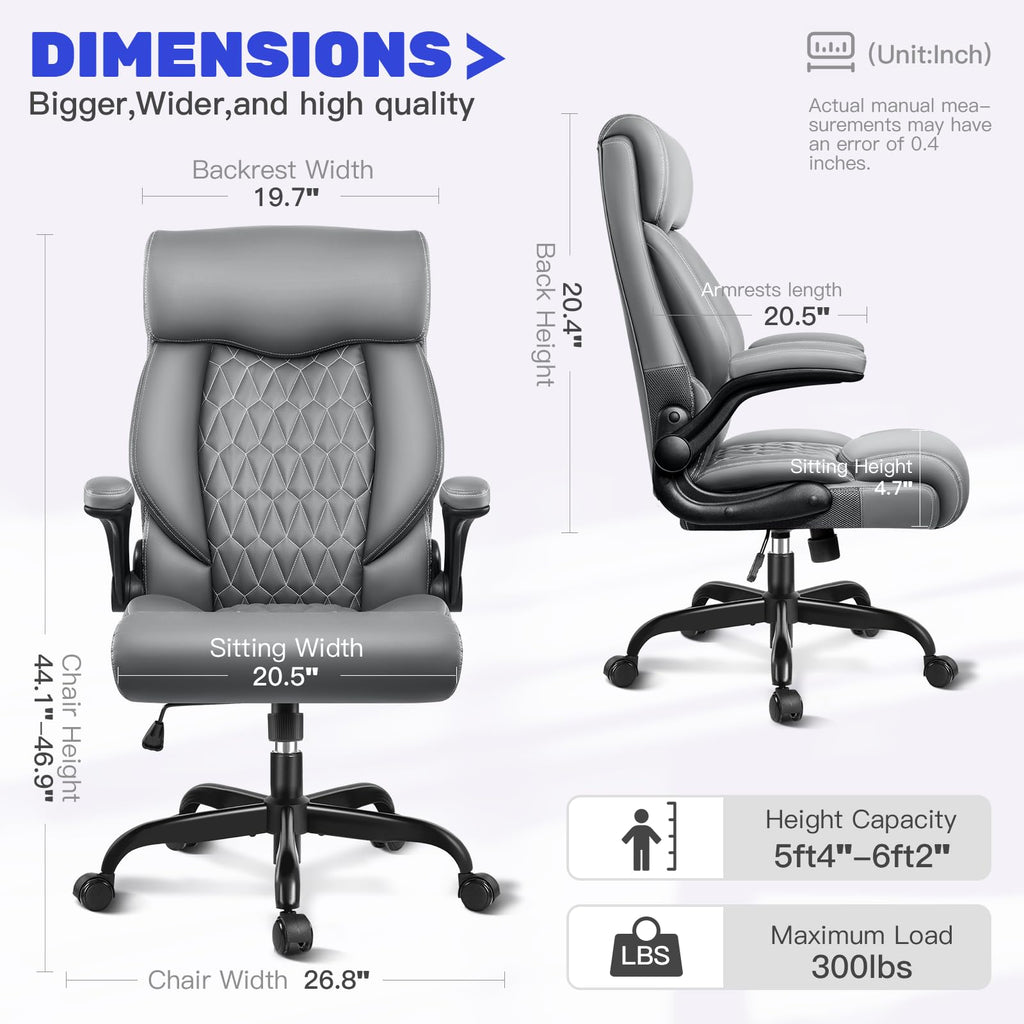 High Back Executive Office Chair - Ergonomic Computer Desk with Rocking Function, Leather Managerial with Adjustable Flip-up Armrests and