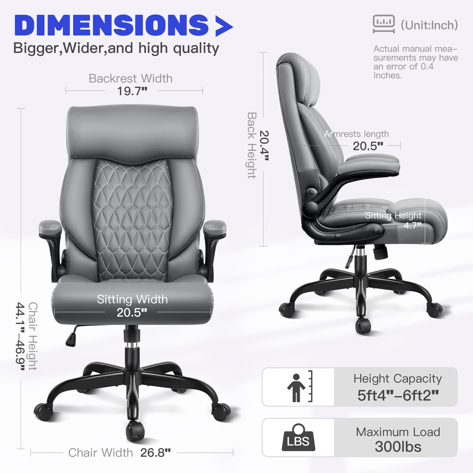 High Back Executive Office Chair - Ergonomic Computer Desk with Rocking Function, Leather Managerial with Adjustable Flip-up Armrests and