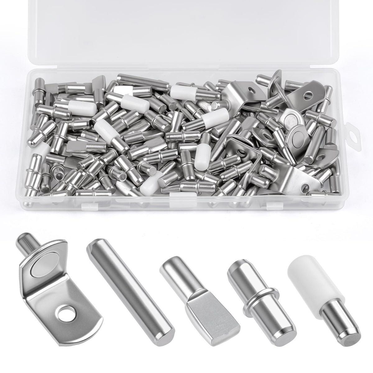 124 Pcs Shelf Pegs Kit, 5 Styles Nickel Shelf pins for Cabinet Shelves, Plated Shelf Support Pegs, Shelf Holders pegs for Kitchen Bookshelf Closet Furniture (5mm, 1/4inch)