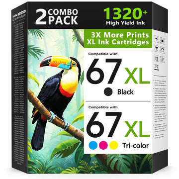67XL Ink Cartridges Black/Color Combo Pack Compatible for HP Ink 67 67XL Printer Ink for DeskJet 4227e 2855e 2827e 2755e 2700e 2800e 4155e 4255e 2734e 4100 for Envy 6055e 6400 6455e(2 Pack)