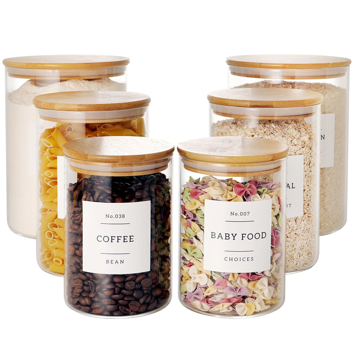 CZZGSM Set of 6 Glass Flour and Sugar jars with 132 Kitchen Pantry Labels - Thicken Large Glass Storage containers with Airtight Bamboo Lid - Rice Canisters for Salt Coffee - 100OZ/54OZ/27OZ