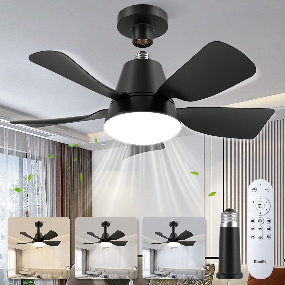 Socket Ceiling Fan with Lights and Remote, 3 Colors Dimmable 3000K-6500K, 6 Speed Whisper Quiet, Easy Install E26/E27 Based Light Bulb Fan for Bedroom Living Room Kitchen Garage