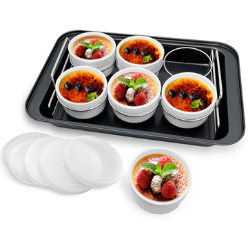 Ramekins Set with 6 Silicone Lids, Mothers Day Gifts Creme Brulee Making Set, Set of 6 Porcelain Ramekins, Oven Safe Covered Bowls & Soufflé Ramiken