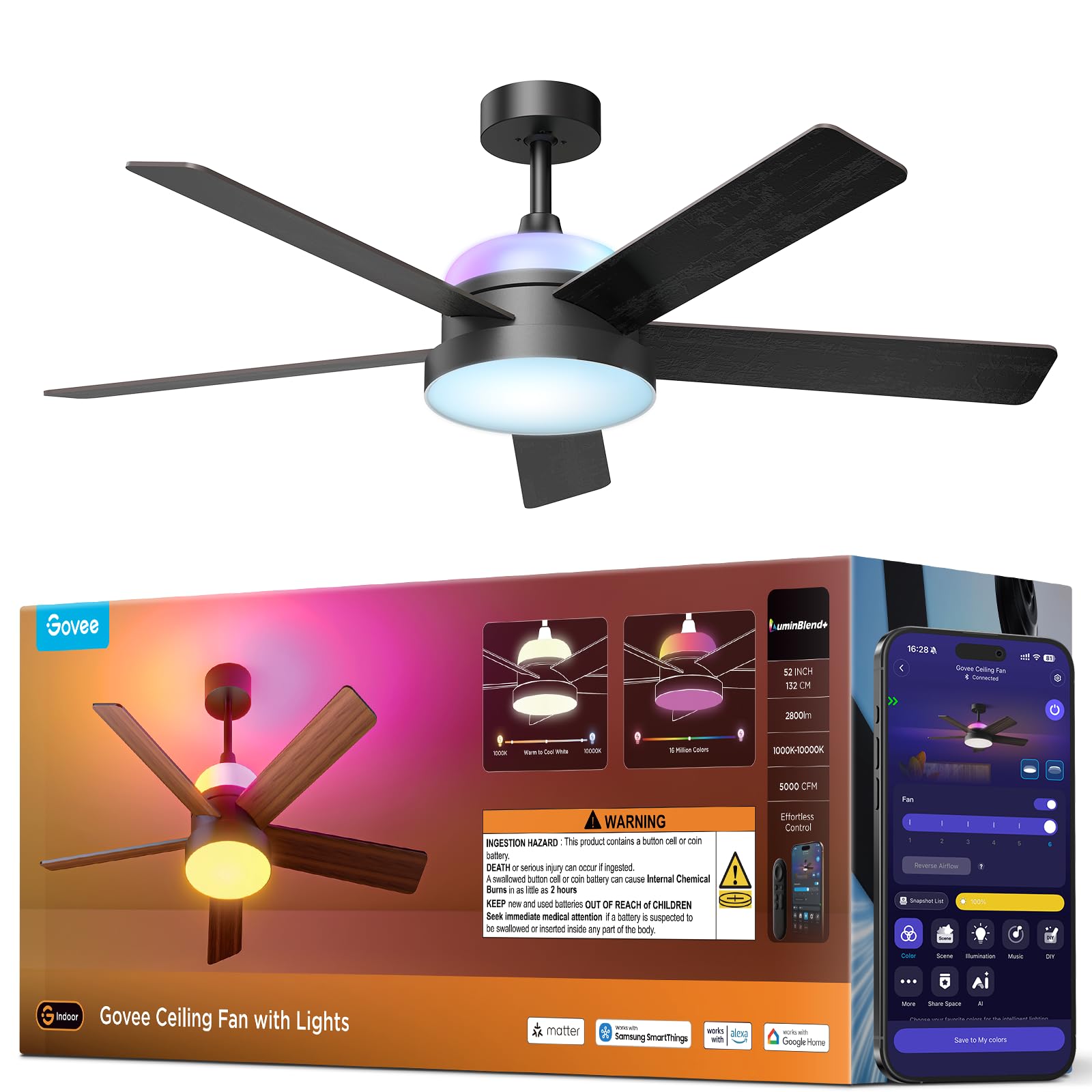 Govee Ceiling Fan with Lights, RGBIC Smart 52'' Low Profile Ceiling Fan with Lights and Remote, Reversible DC Motor, Dimmable, 2800lm, Ceiling Fan for Bedroom, Living Room, Black