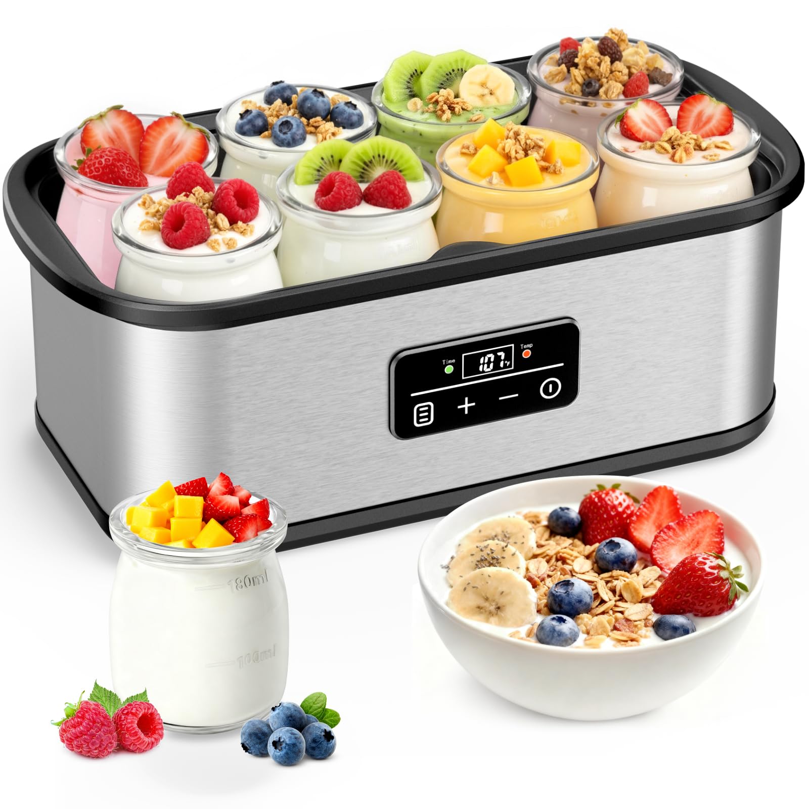 Yogurt Maker with Auto-Shut off and Adjustable Time & Temp Control, Yogurt Maker Machine Make Healthy Yogurt with Full Probiotics for Family, Friends, Perfect Gift, 8x6oz Jars