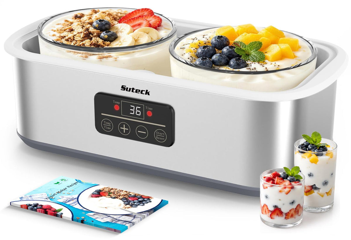 Suteck Yogurt Maker with Glass Jars 2 Quart – Stainless Steel Yogurt Makers with Adjustable Time (0-48H) & Temp Control (68-131°F) for Greek Yogurt, Probiotic, Cheese – BPA-Free, 25W