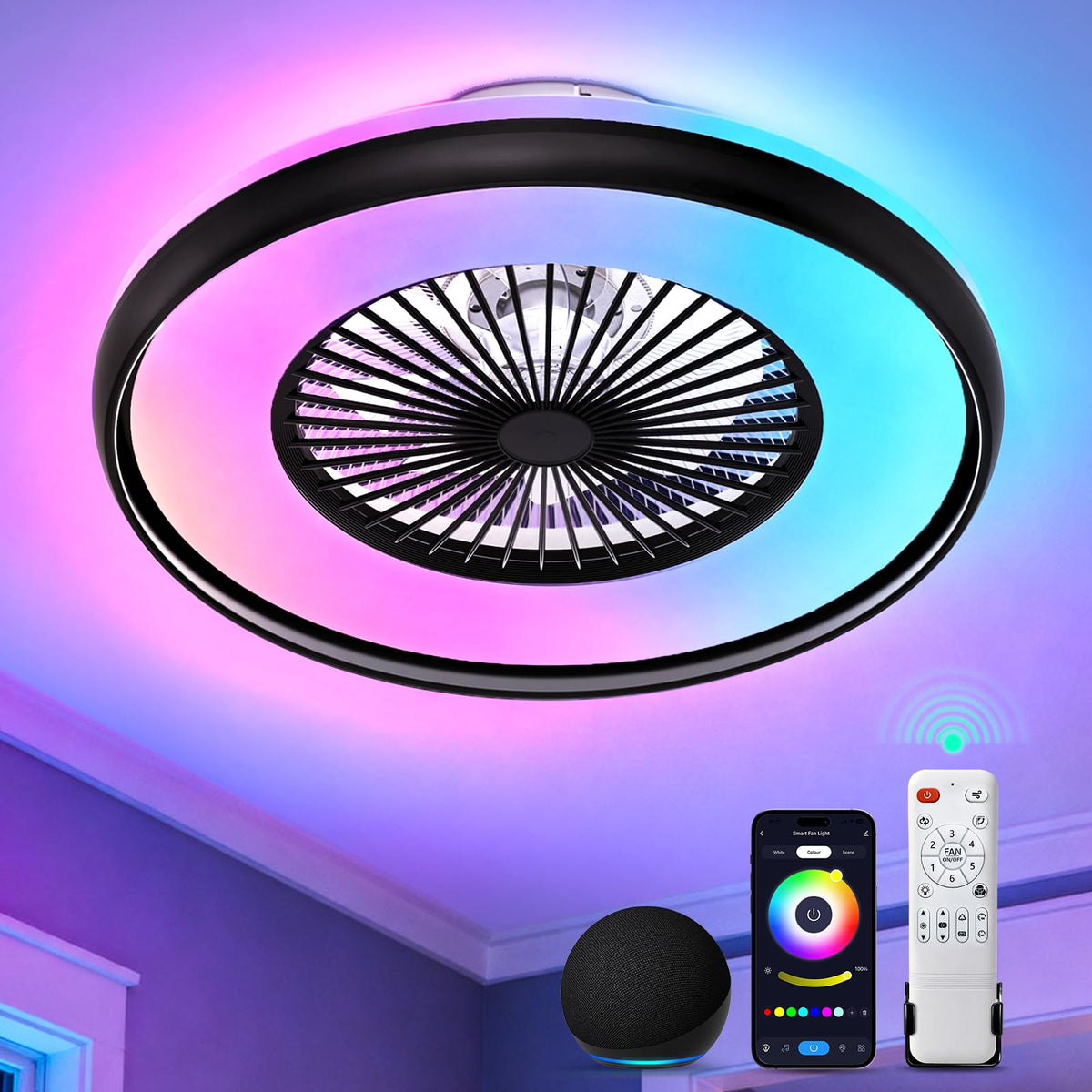 Bladeless Ceiling Fan with RGB Light, 24'' Low Profile Ceiling Fan, Remote & APP Control, Voice Control, 2700-6500K Dimmable, 6 Wind Speeds Flush Mount LED Fan Light for Bedroom, Kids Room