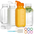 HINGWAH 4 Pack 16 OZ Glass Milk Bottles with Lids, Glass Juice Bottles with Scale & Silicone Pour Spout, Reusable Juice Containers Square Drinking Jars for Milk, Coffee, Smoothies, Water