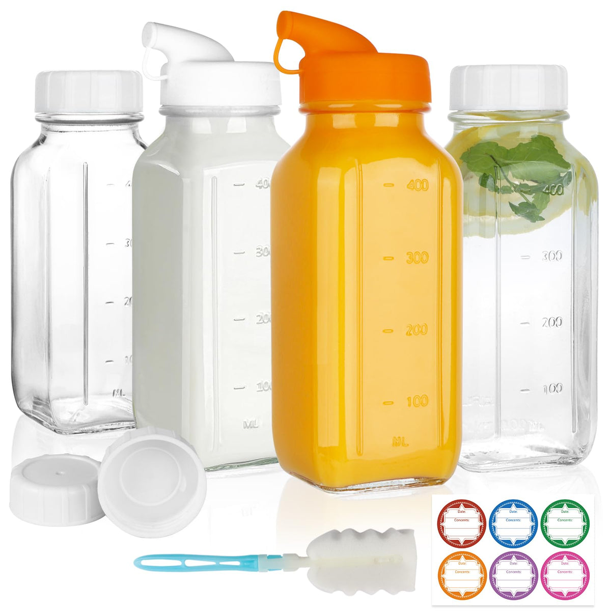 HINGWAH 4 Pack 16 OZ Glass Milk Bottles with Lids, Glass Juice Bottles with Scale & Silicone Pour Spout, Reusable Juice Containers Square Drinking Jars for Milk, Coffee, Smoothies, Water