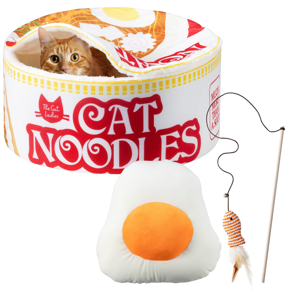 Cat Ladies Ramen Cat Bed - Cozy 5-Piece Soft Nest Set with Blanket Pillows and Teaser Toy - Compact Noodle Bowl-Themed Pet Beds & Furniture - Small Warm Indoor Cushion for Cats