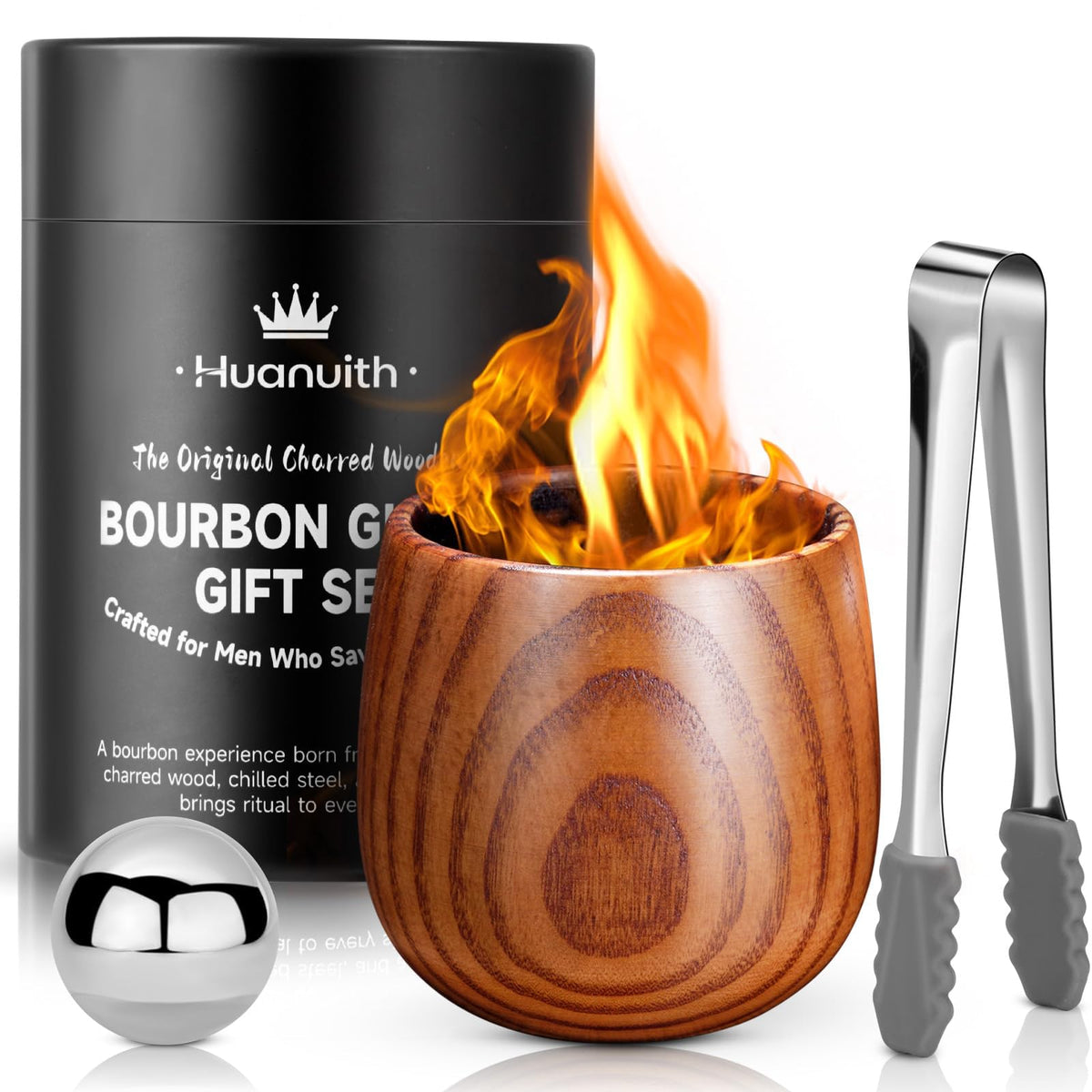 Whiskey Glasses Charred Wooden Bourbon Glass, 10oz Handmade with Stones & Tongs – Unique Bourbon Gifts for Men Dad Husband, Ideal for Christmas Birthday Father's Day