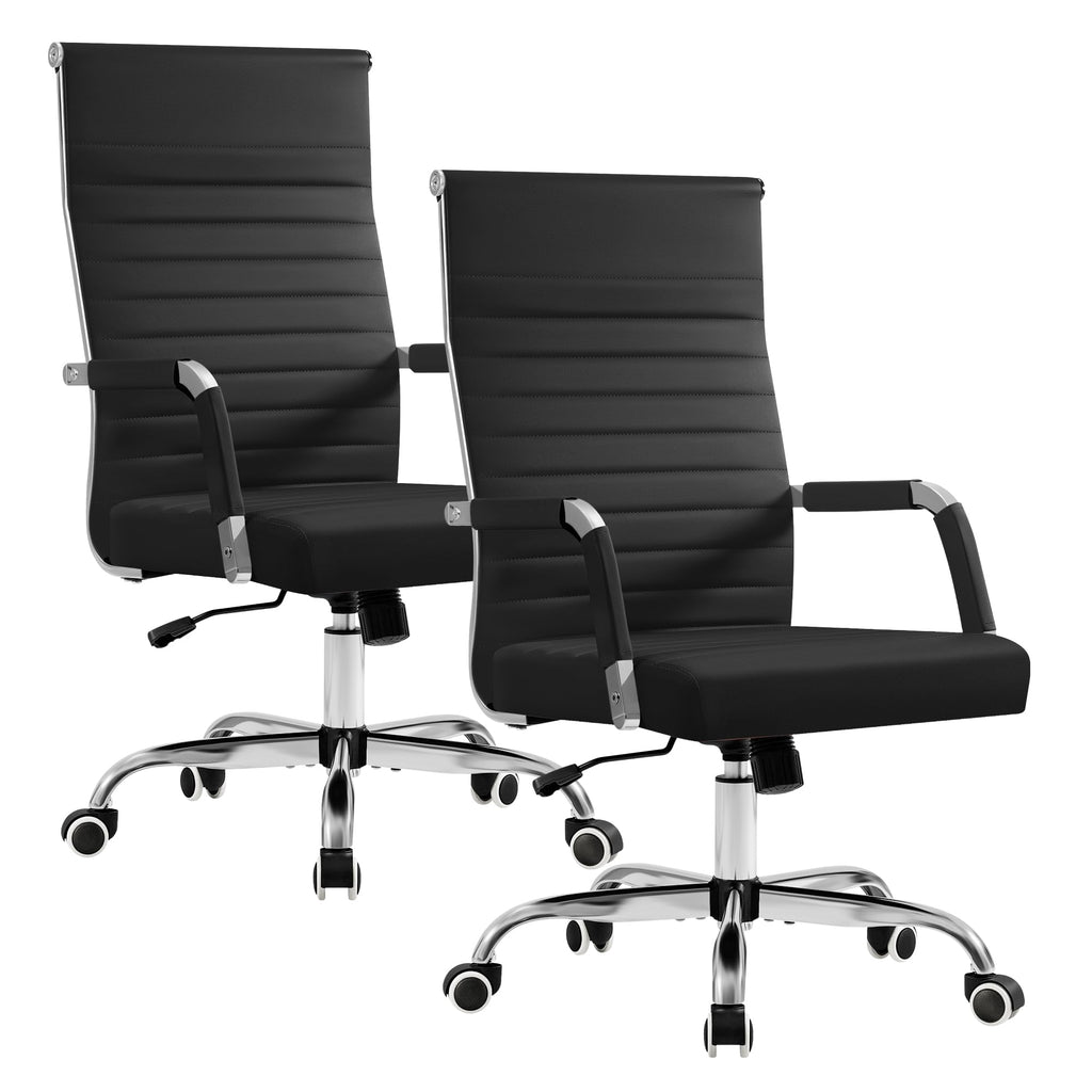 Furmax Ergonomic Office Desk Chair, Executive Ribbed Mid-back Pu Leather Conference Room Chair Adjustable Swivel Chair with Arms (2 Pcs, Black)