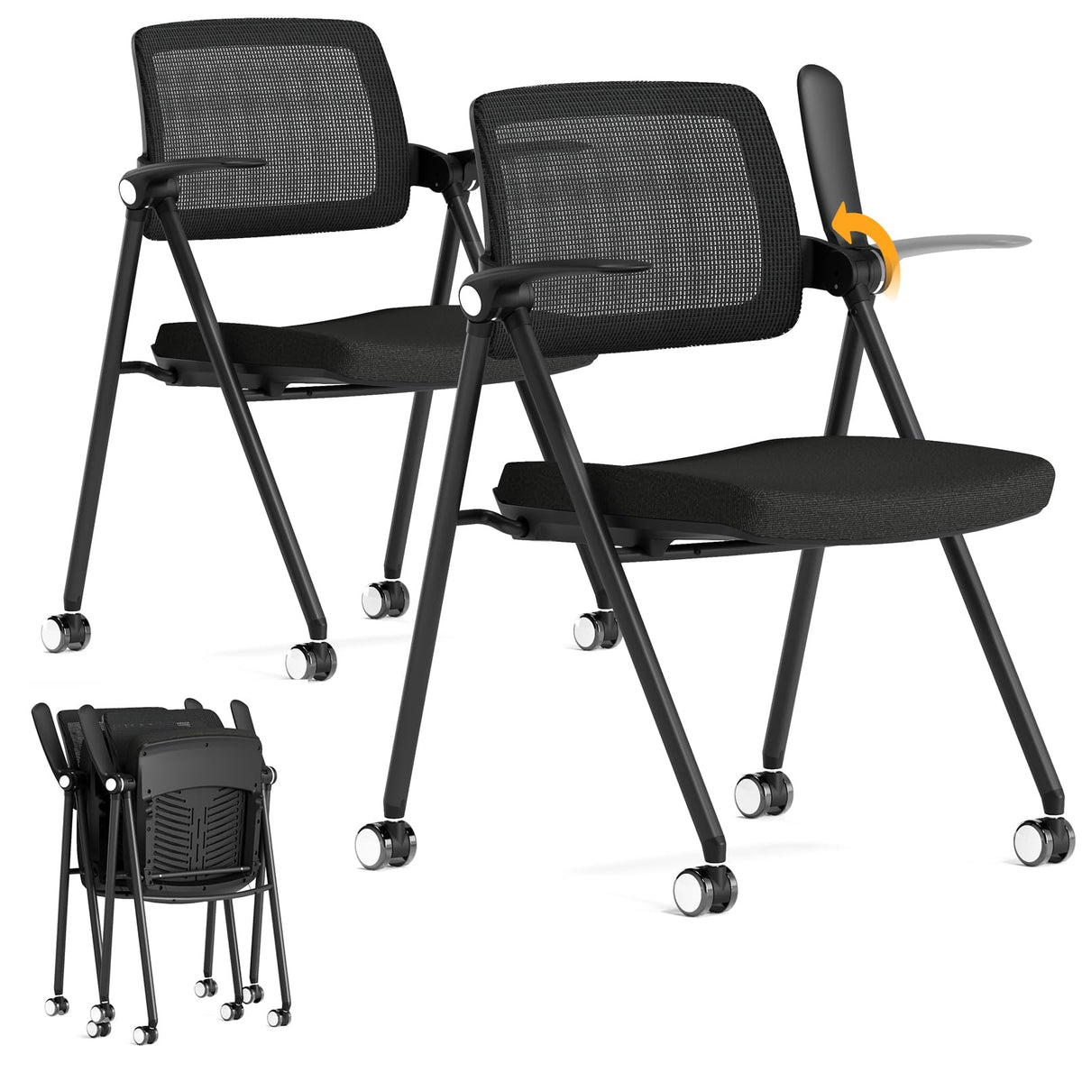 Fylica Stackable & Foldable Office Chair Set of 2, Folding Desk Chair with Flip-up Armrest, Breathable Mesh, Thick Seat Cushion & Rocking