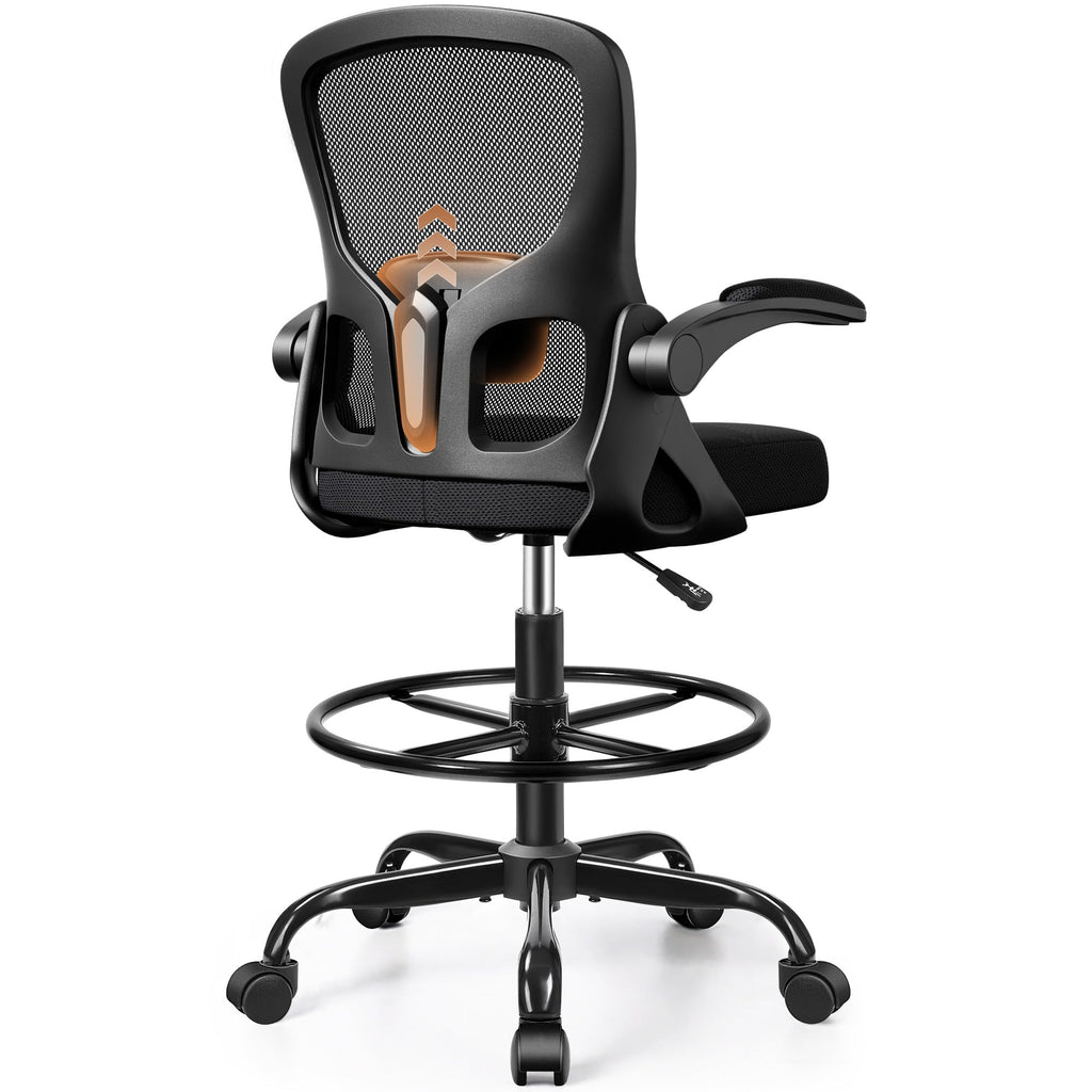 Finati Drafting Chair, Tall Office Chair for Standing Desk with Flip-up Armrests, Adjustable Foot Ring & Lumbar Support, Breathable Mesh High