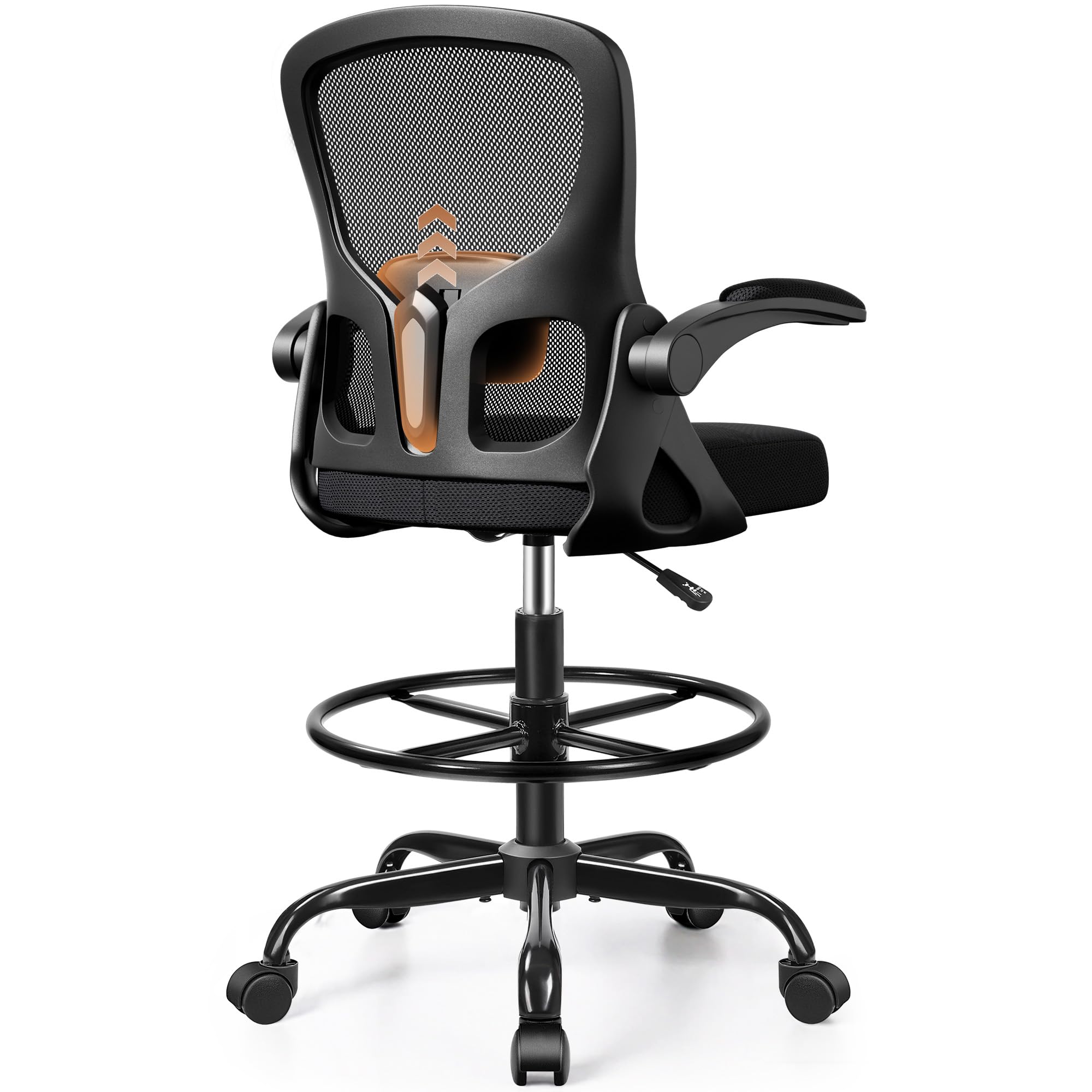 Finati Drafting Chair, Tall Office Chair for Standing Desk with Flip-up Armrests, Adjustable Foot Ring & Lumbar Support, Breathable Mesh High