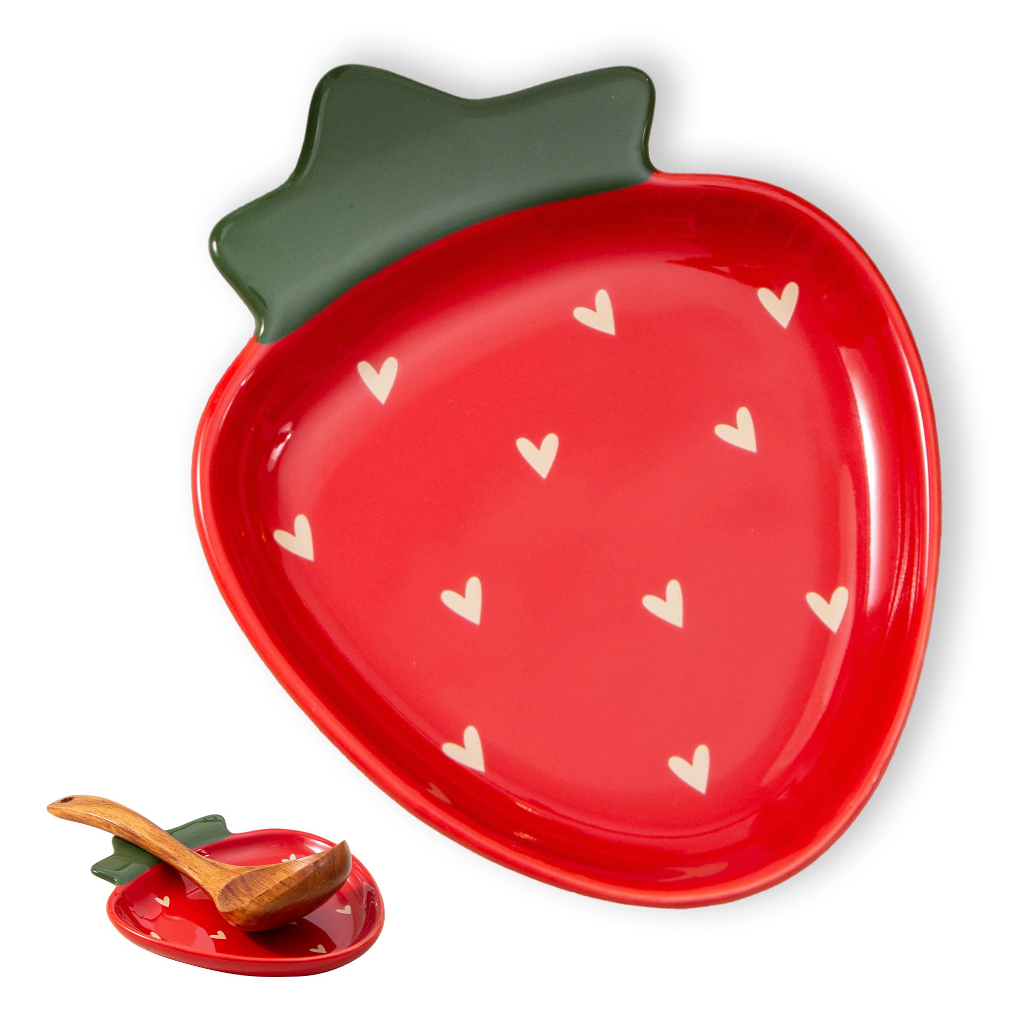 Ceramic Strawberry Spoon Rest, Red Utensil Holder, Cute Spatula Rest for Kitchen Counter & Stove Top - Easy to Clean, Dishwasher Safe (Red Strawberry)