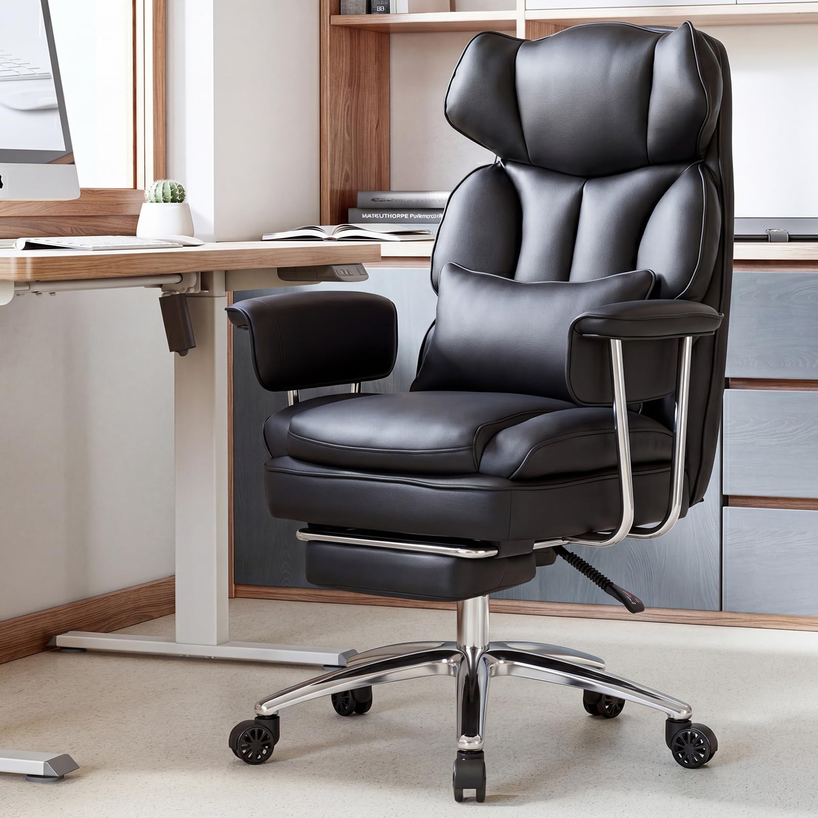 Sweetcrispy Executive Office Chair with Padded Armrests Adjustable Height, 360-degree Swivel, Lumbar Support, Pu Leather, Cream