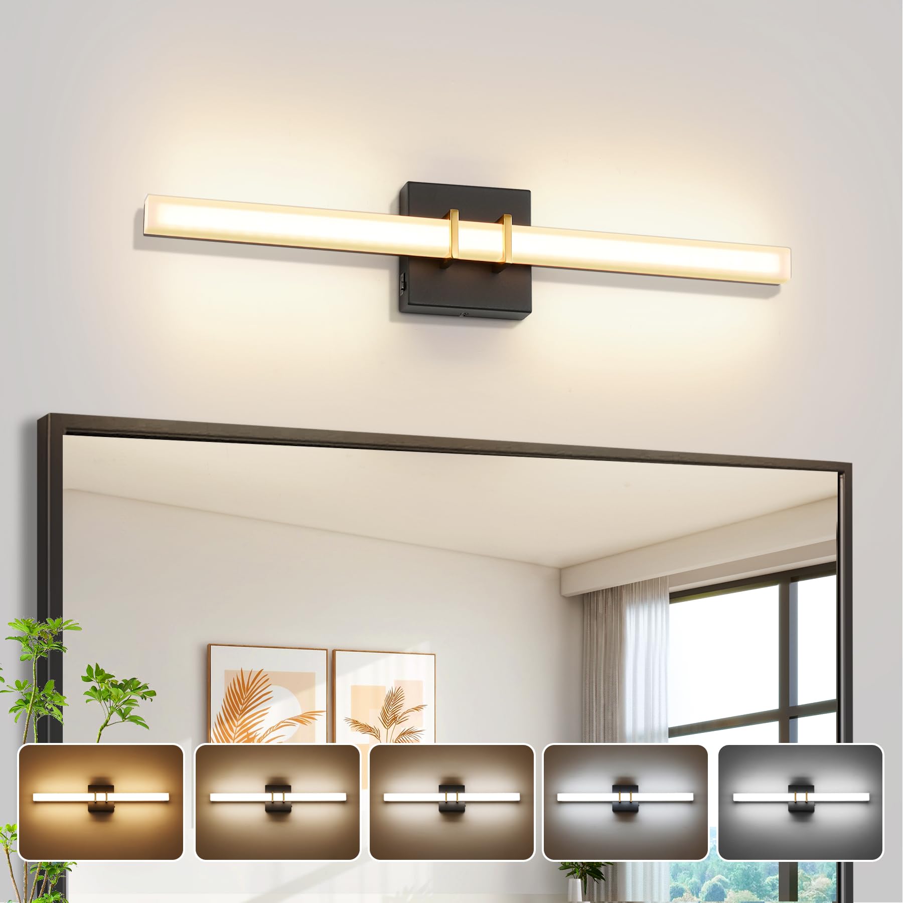 Modern Black and Brass Vanity Light Bar 24 Inch, 16W 5CCT Dimmable Bathroom Light Fixtures LED Wall Lighting Fixture