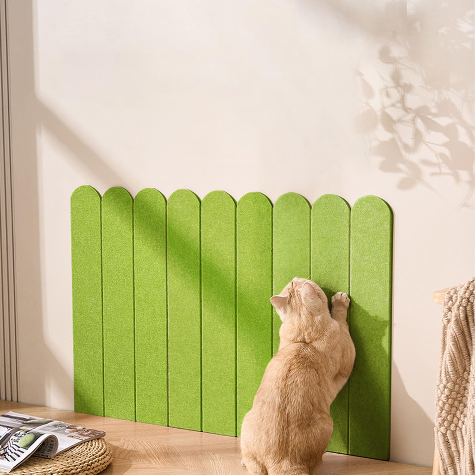 Cat Wall Scratcher, 35” Felt Cat Scratch Pad with Self-Adhesive Backing, Wall Mount Cat Scratching Mat for Indoor Cats, 3-Piece Pack Any Cut Combination (Grass Green)