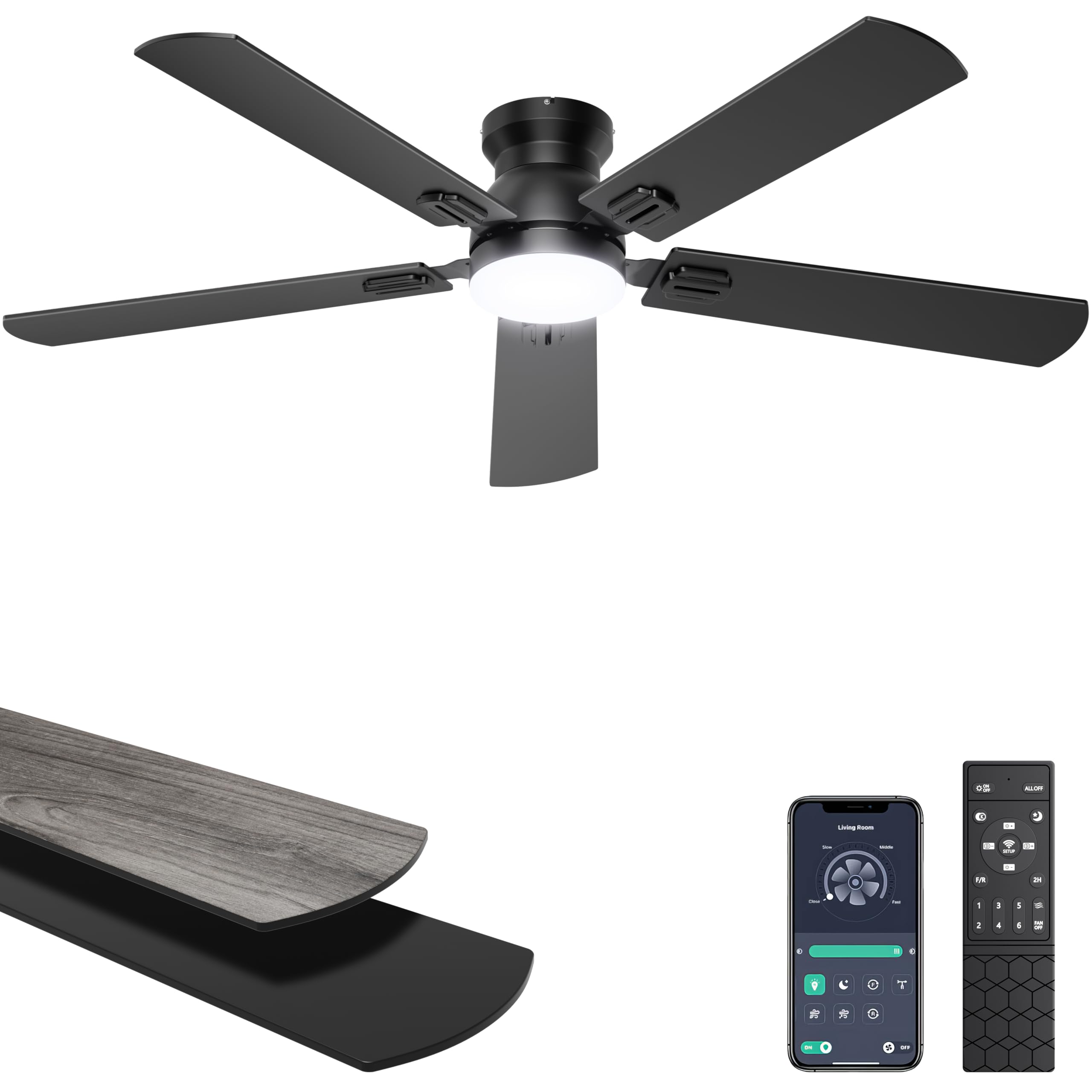 Ohniyou Ceiling Fans with Lights, 52 Inch Low Profile Ceiling Fan with Light and Remote/APP Control, Flush Mount, Dimmable, Quiet DC Motor, Black Ceiling Fan for Bedroom, Living Room