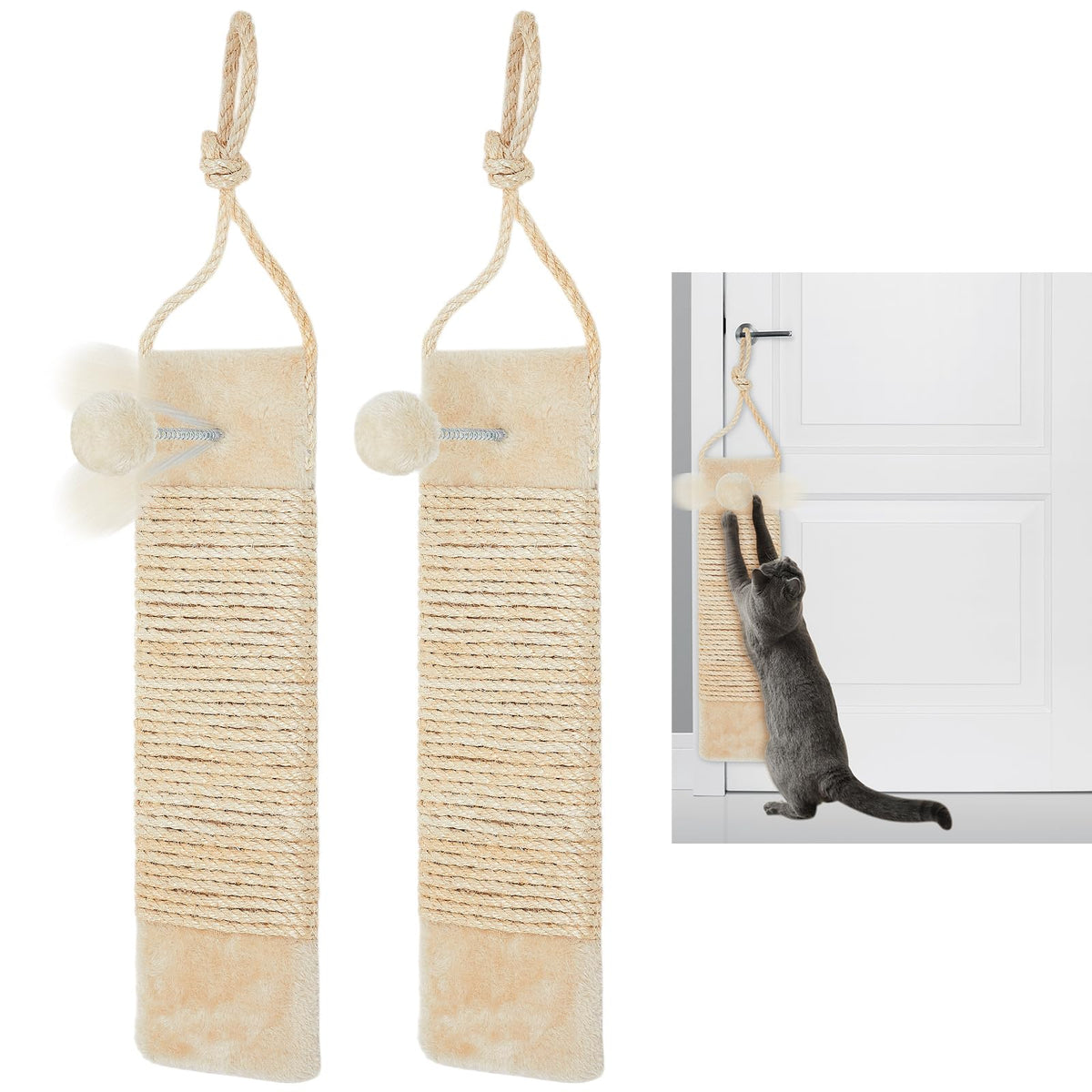 Dansydaisy 2 Pcs Cat Scratcher Door Hanging, 19.3 x 5.5inch Cat Scratching Post Wall Mounted, Natural Sisal Scratching Pad Surface with Ball Toy for Indoor Cats Kitty