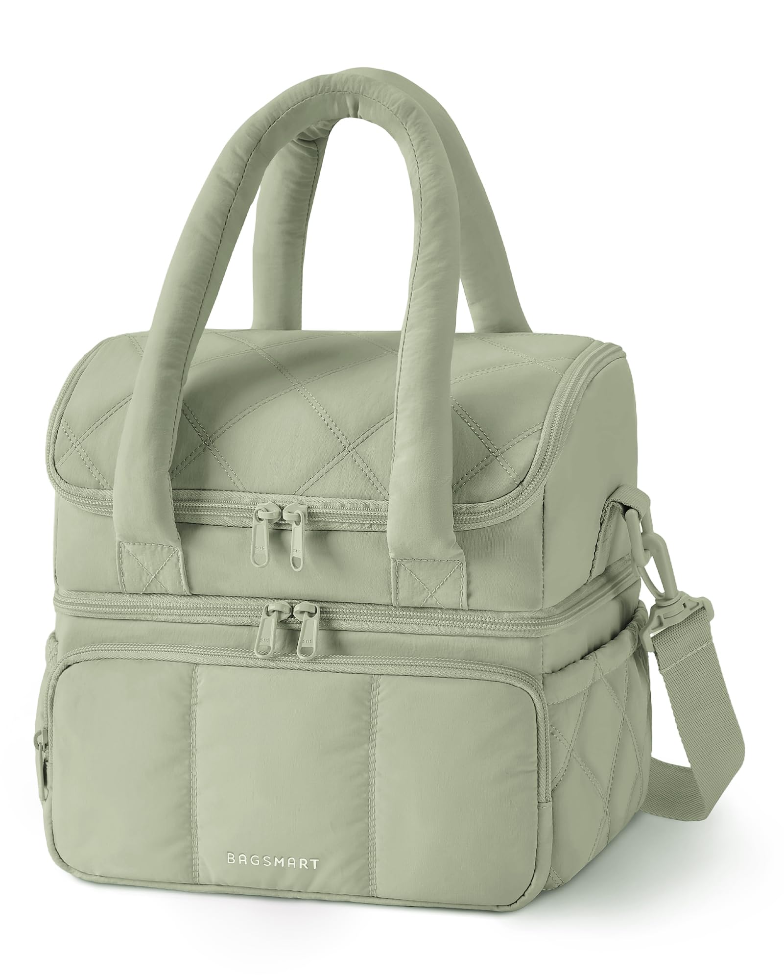 BAGSMART Lunch Bag Women, Double Deck Insulated Lunch Box, Quilted Puffer Lunch Tote, Leakproof, Durable & Reusable Large Lunch Cooler For Work Picnic Travel Meal Prep, Sage Green