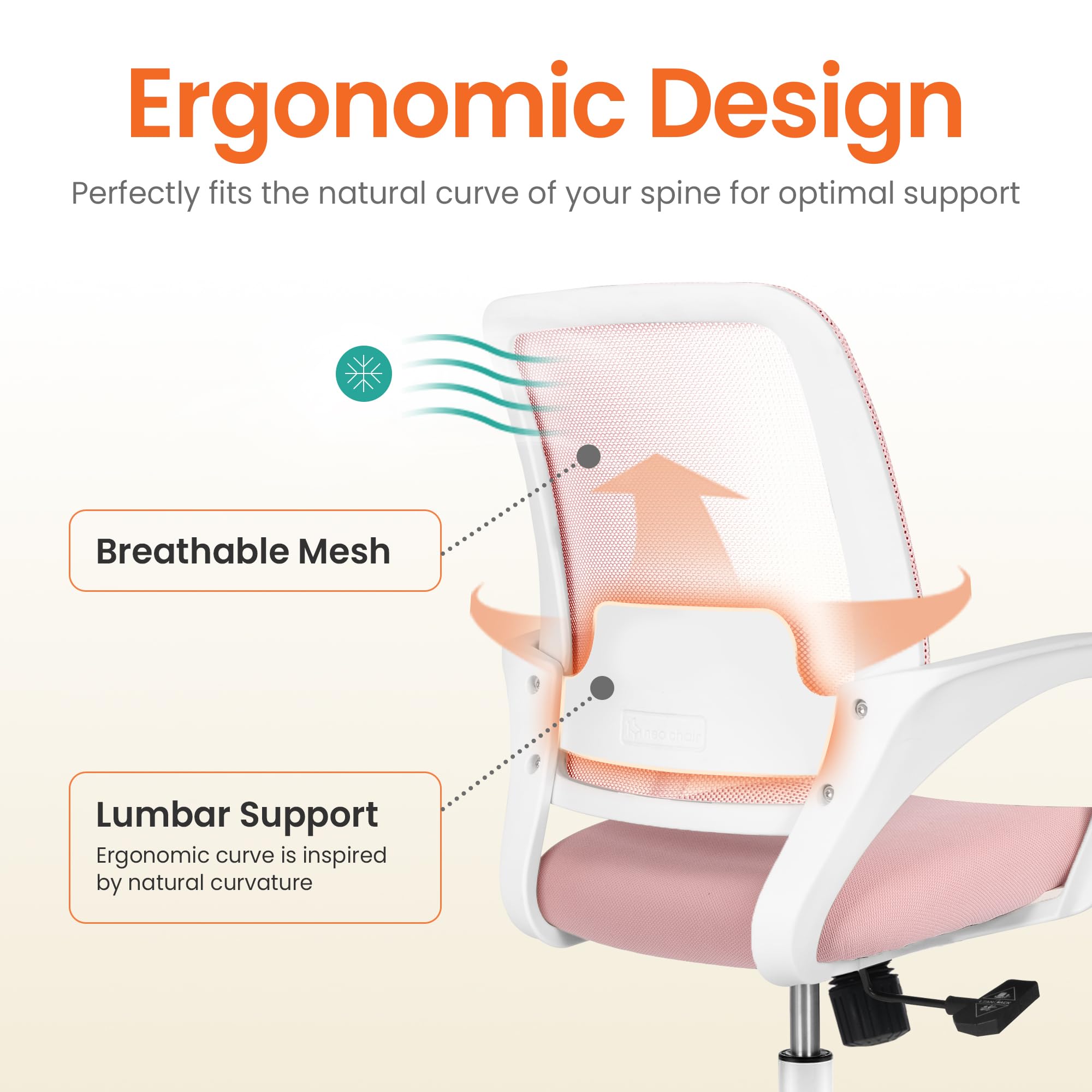Neo Chair Home Office Desk Chair Ergonomic Mesh with Lumbar Support, Pink, 23 inches x 23 inches x 39.5 inches, Pastel Pink