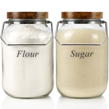 YoenKtss 2 Pack Glass Flour Sugar Storage Containers with Handle, 1 Gallon Glass Jars with Airtight Lid, Wide Mouth Large Mason Jars 128oz for Rice, Pasta, Oats, Coffee Storage