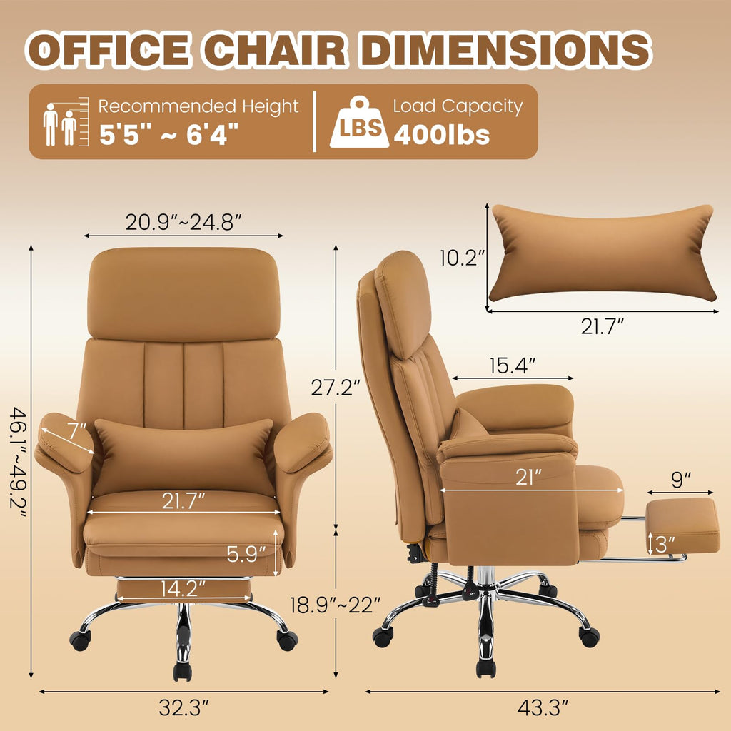 Executive Leather Office Chair with Footrest - High Back Ergonomic Desk Chair, Comfortable Lumbar Support, Soft Armrests, Adjustable Height