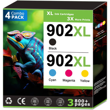 902XL Ink Cartridges Replacements for HP 902 Ink Cartridges Combo Pack (4 Pack), Compatible with HP OfficeJet Pro 6968 6978 6950 6958 6979 6962 Printers, 902 Black and 902 Color (Cyan Magenta Yellow)