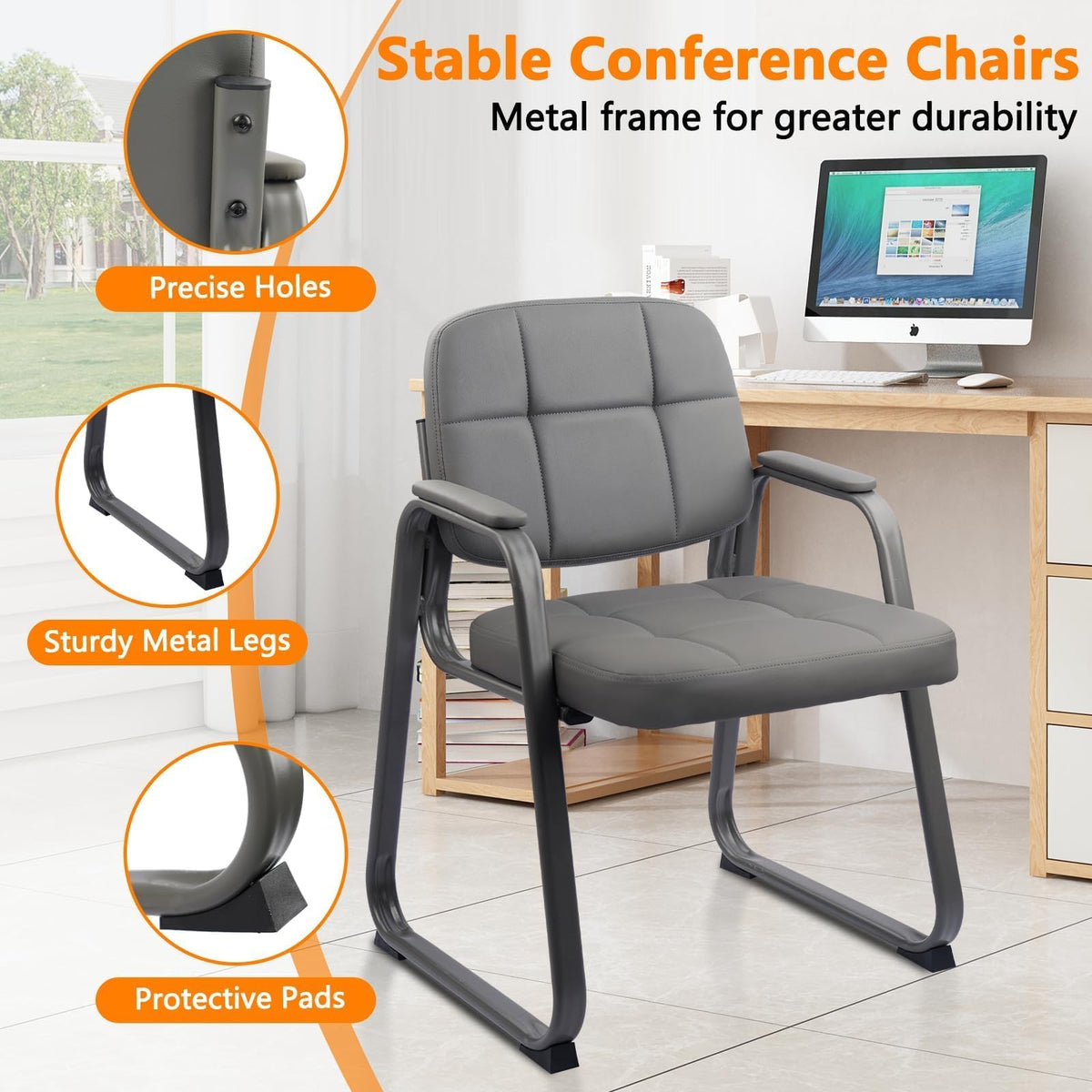Clatina Leather Guest Chair with Sled Base, Office Reception with Padded Arms, Desk Chair for Office Conference Waiting Room School, Grey