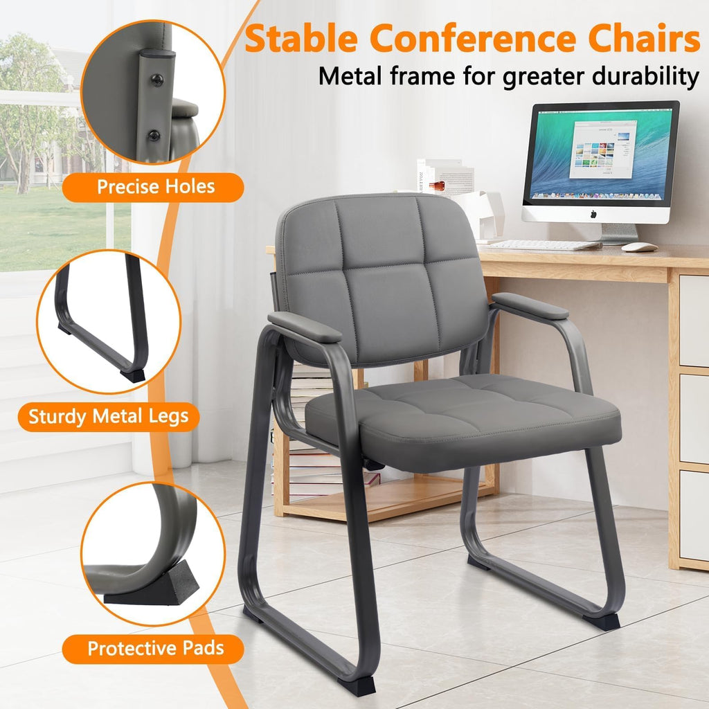 Clatina Leather Guest Chairs Set of 6, Office Reception with Padded Arms, Desk Chair with Sled Base for Office Conference Waiting Room, Grey