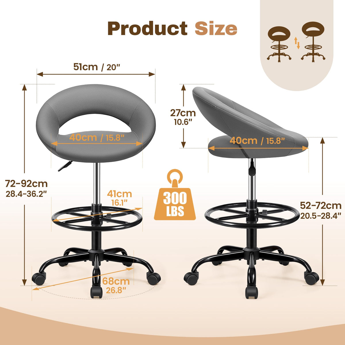 Bestfair Drafting Chair with Back, Height Adjustable Rolling Stool, Gray, 4 Pack, Grey